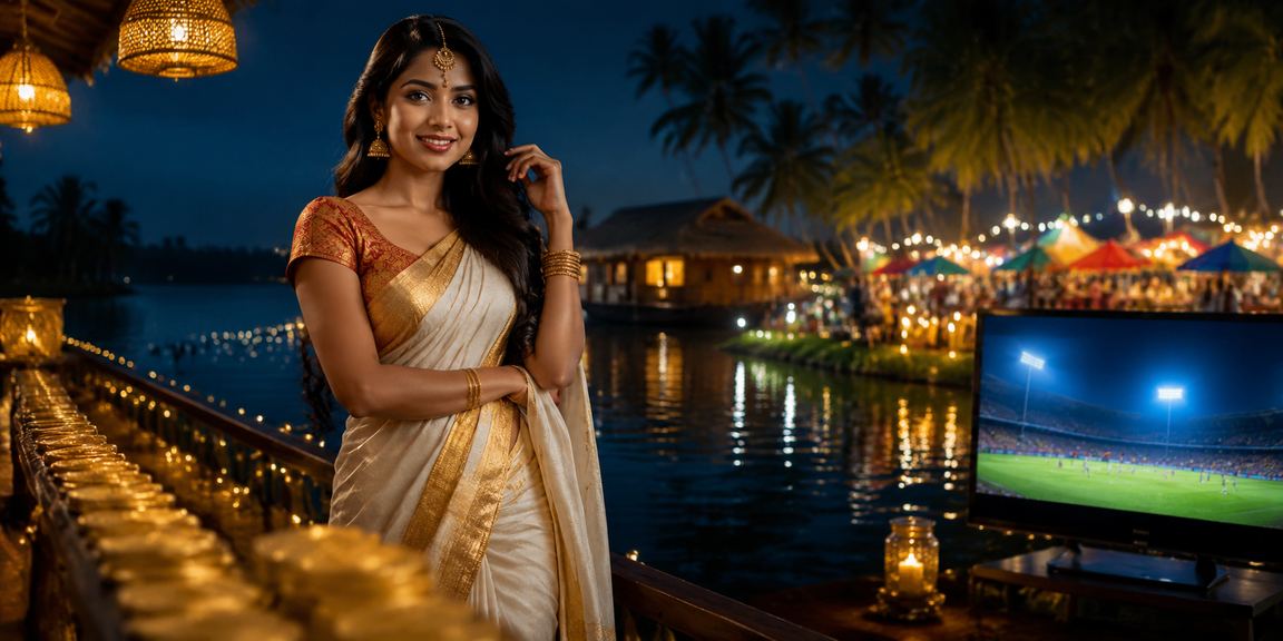 Kerala night market with cricket betting ambiance