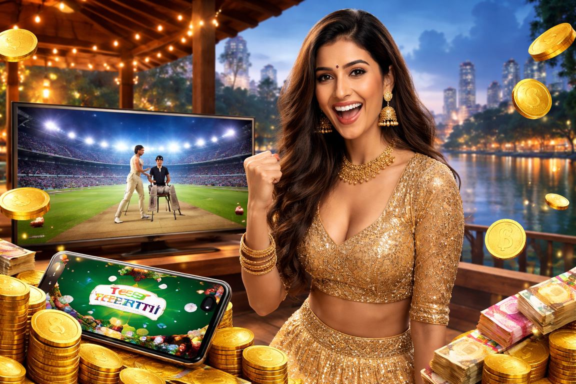 Traditional teen patti cards and colorful lehenga outfit
