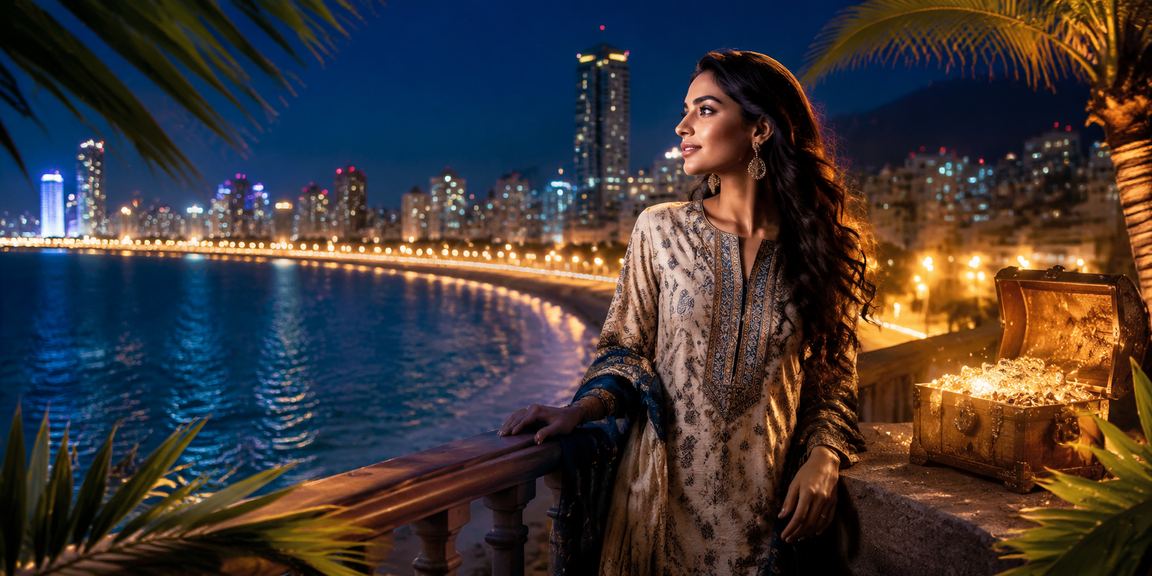 Vibrant Mumbai marine drive with casino-style entertainment lighting